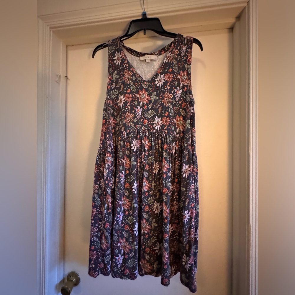 LOFT Floral Midi Dress in Navy and Pink